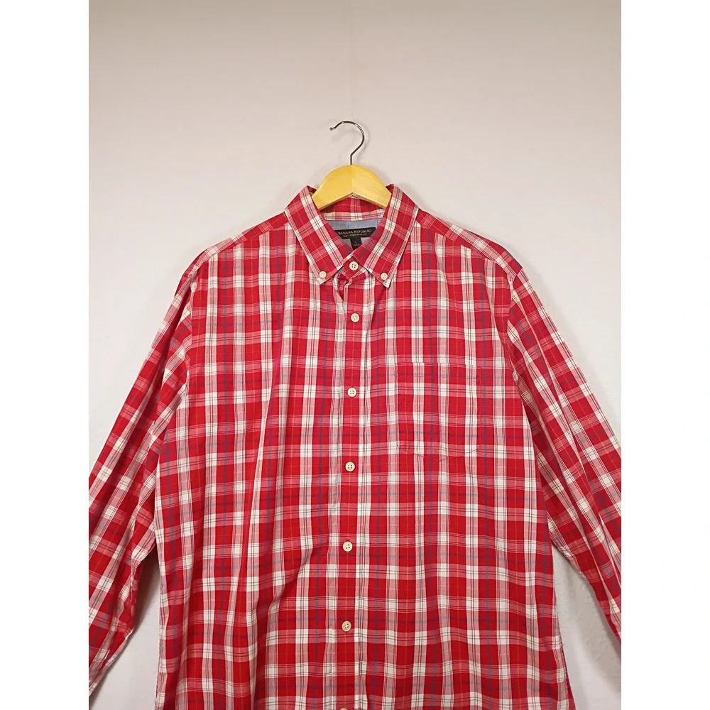 Classic Banana Republic Mens Large Red White Plaid Soft Wash Slim Fit Shirt